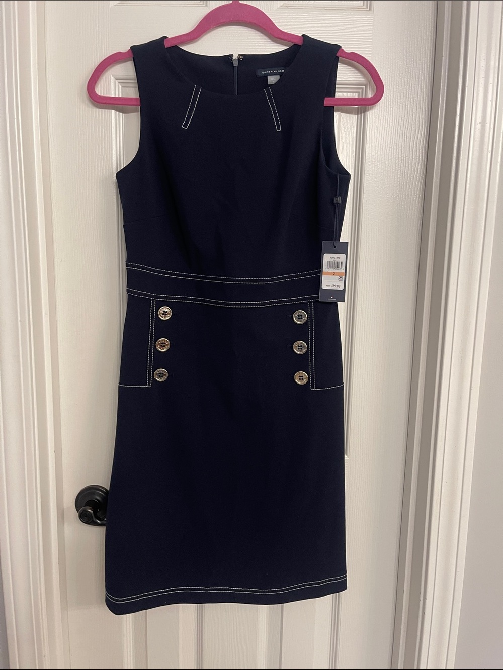 Tommy Hilfiger Navy Sleeveless Sheath Dress with Gold Buttons